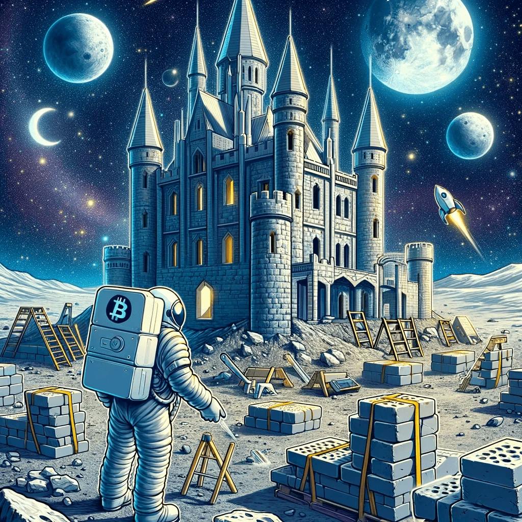Image of crypto space pioneer building a castle on the moon.